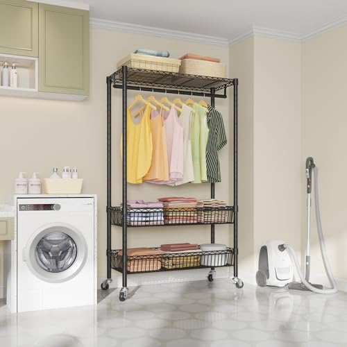 White Rolling Garment Rack with Basket Q12149