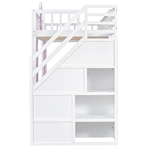 Pink Twin-Over-Twin Bunk Bed with Slide, 2 Drawers, 3 Shelves, Solid Wood A1533