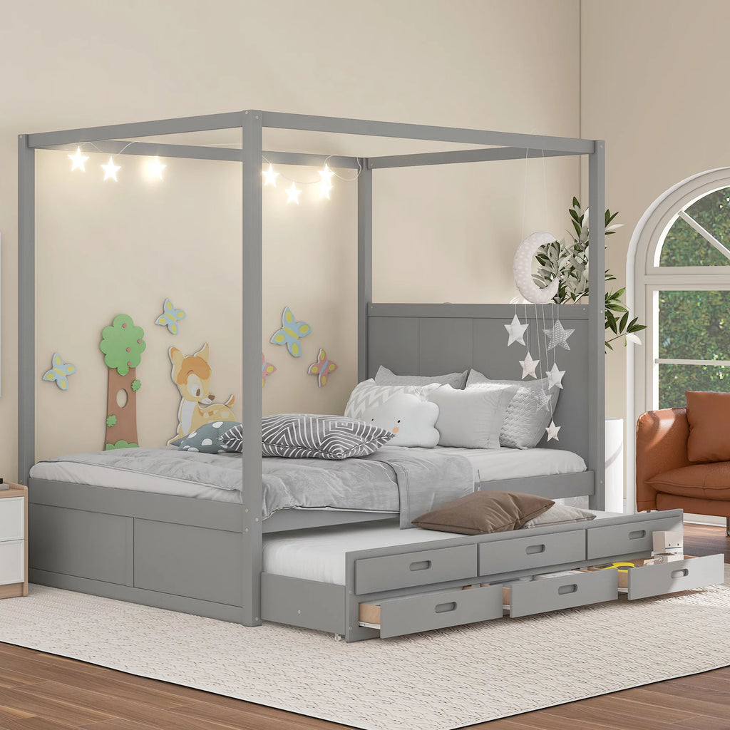 Gray Wooden Queen Platform Bed with Trundle and 3 Storage Drawers M708604