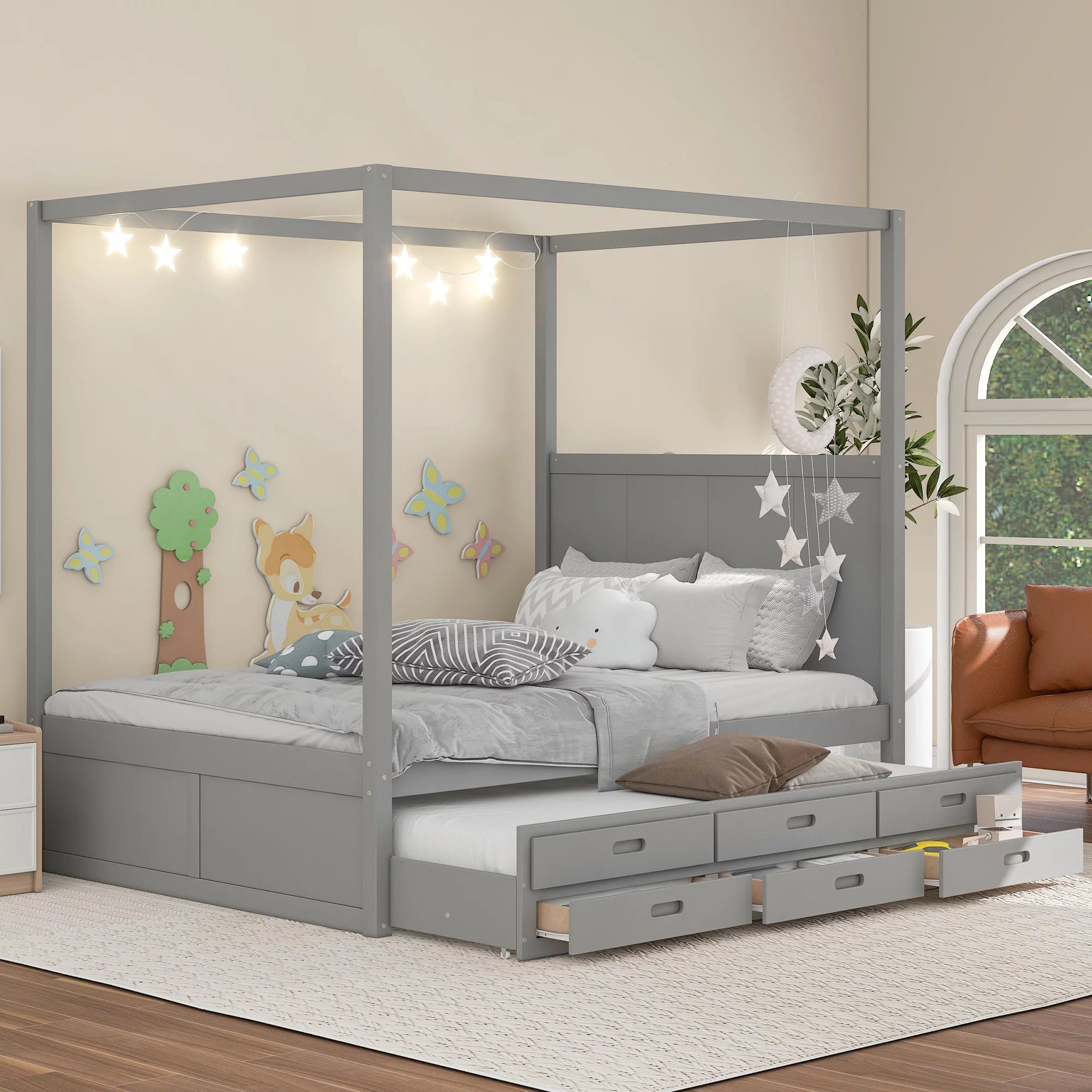 Gray Wooden Queen Platform Bed with Trundle and 3 Storage Drawers M708604