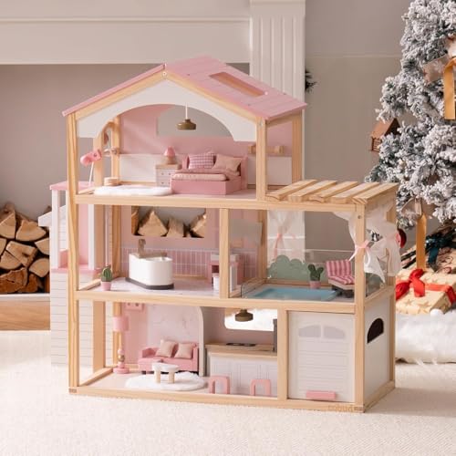 Pink Wooden Dollhouse with 6 Rooms and 29-pcs Furniture Set Q330901