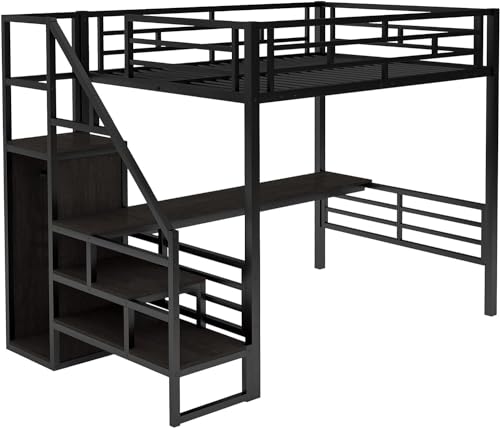 Full Size Metal Loft Bed with Desk and Wardrobe J567724