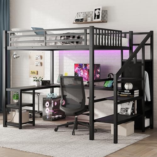 Black Full Size Metal Loft Bed with L-Shaped Desk and USB Port S44209