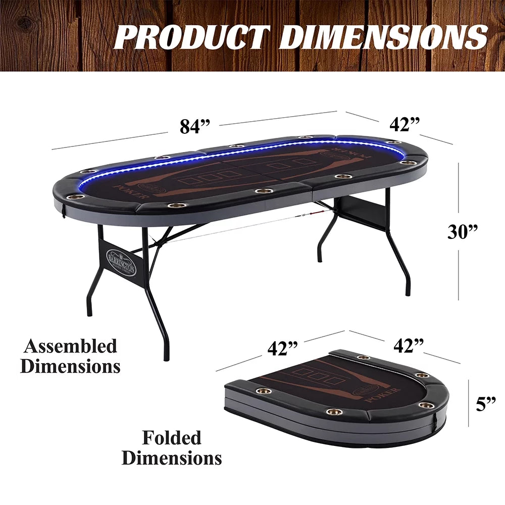 10-Player Poker Table with In-laid LED Lights, Brown and Black T55501