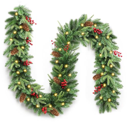 9ft Pre-Lit Artificial Christmas Garland with Pine Cones & Red Berries G44786
