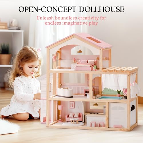 Pink Wooden Dollhouse with 6 Rooms and 29-pcs Furniture Set Q330901