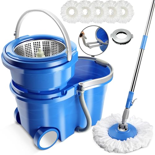 Mop Bucket with Wringer Set, Stainless Steel Handle, 5 Microfiber Replacement Heads, 1 Floor Brush Mop Head W928752