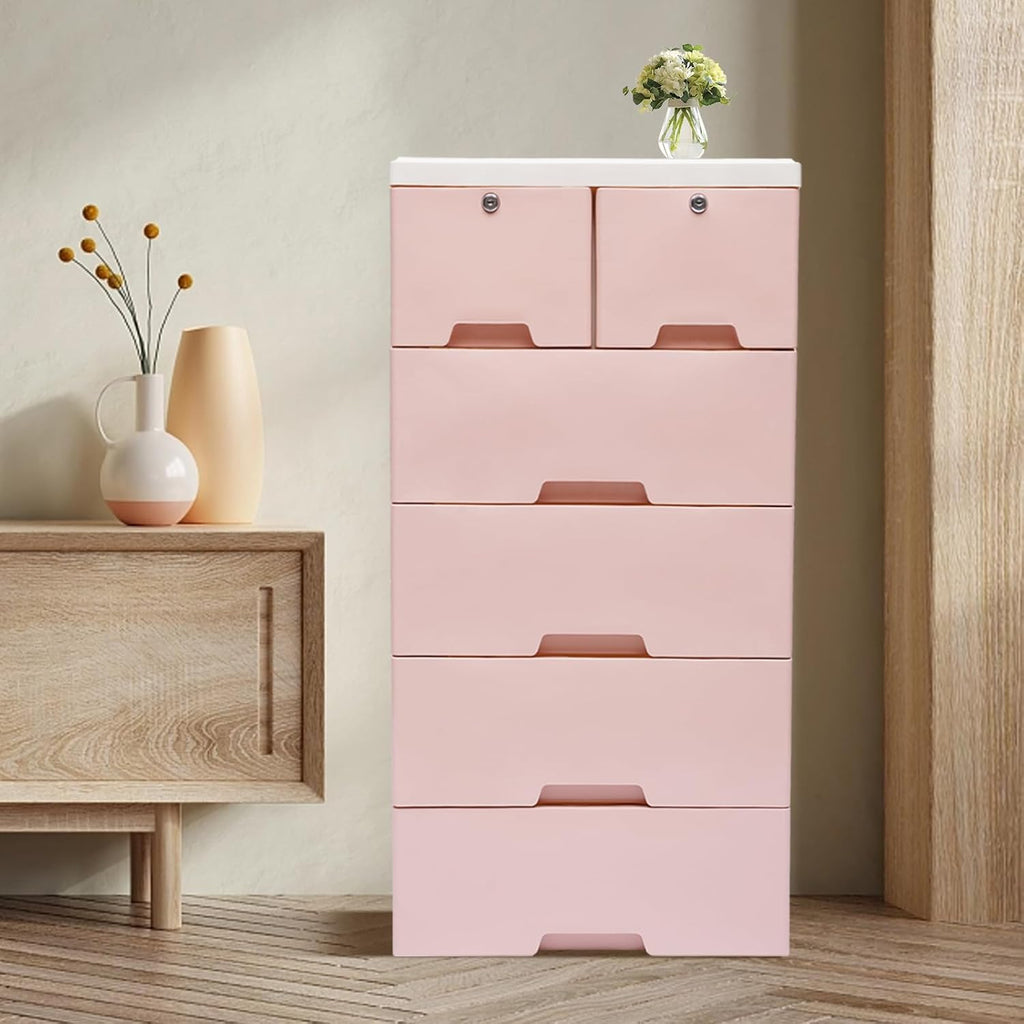 6 Drawers Pink Plastic Dresser with 4 Wheels A55257