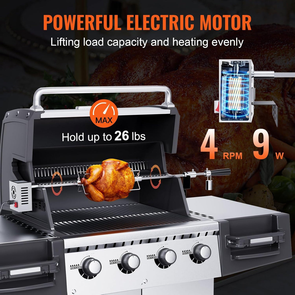 Heavy Duty Stainless Steel Grill Rotisserie Kit with 9W Motor - 32-Inch Hexagon Spit Rod - 26 Lbs Capacity O24442
