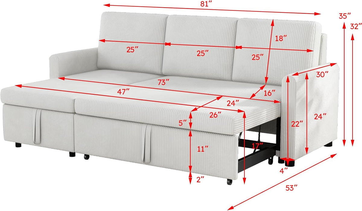 Beige Corduroy L-Shaped Sleeper Sofa with Storage Chaise and 2 Pillows K736398