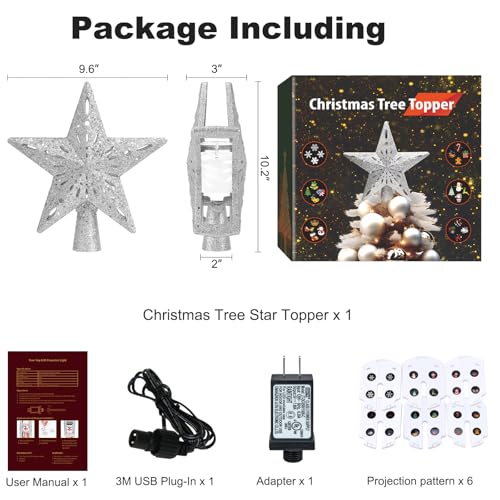 Silver 3D Glitter Lighted Christmas Tree Topper with Rotating LED Lights A958969