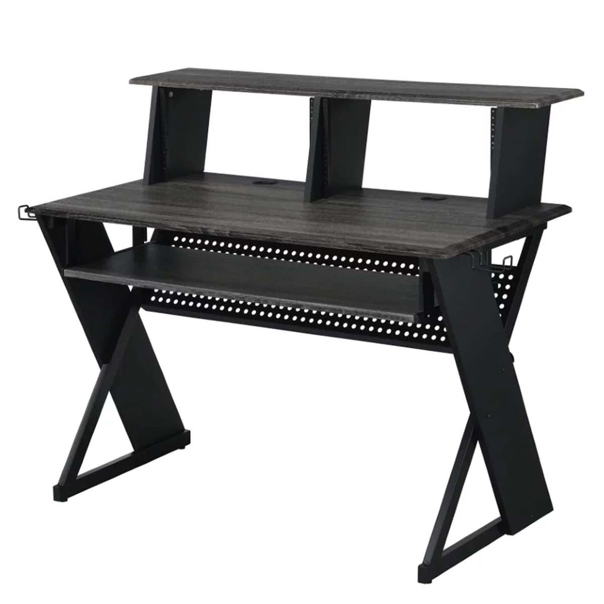 Gray Wood Music Desk Studio Station with Keyboard Tray and Shelves D340