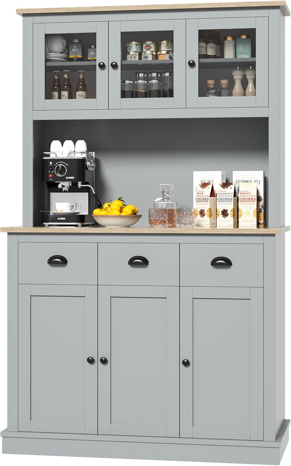 Grey Kitchen Hutch Storage Cabinet with Countertop and Drawers P4529