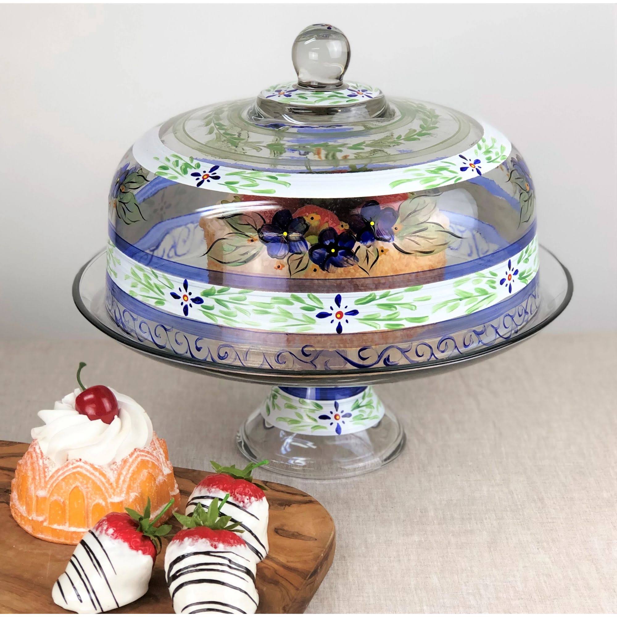 Blue Floral Hand Painted Glass Large Cake Dome U7325
