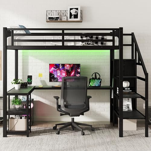 Black Full Size Metal Loft Bed with L-Shaped Desk and USB Port S44209