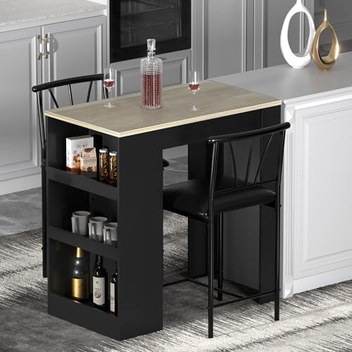 Gray Small Bar Table and Chairs Dining Set for 2 with Storage Shelves M76224