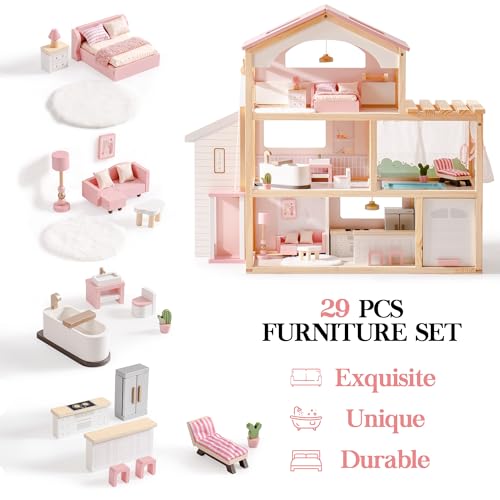 Pink Wooden Dollhouse with 6 Rooms and 29-pcs Furniture Set Q330901