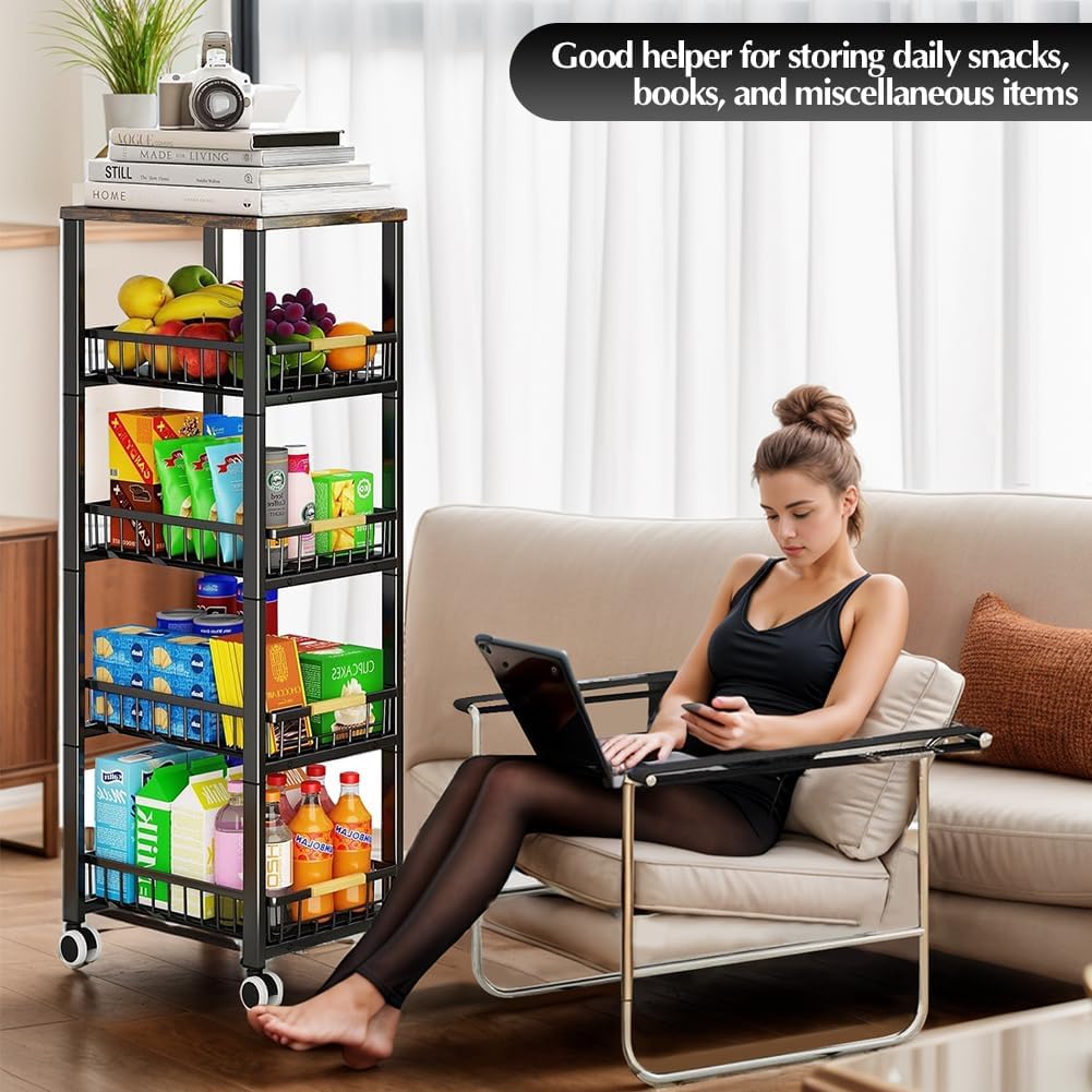 5 Tier Wire Basket with Wood Top and Wheels I273016
