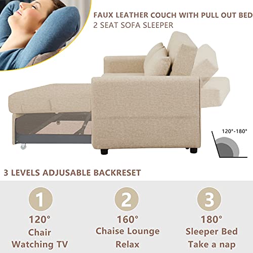 Convertible Sleeper Sofa Bed 57 Inches Velvet 2 Seats with Pull Out Bed Adjustable Backrest 2 Pillows Side Pocket Light Brown K15268
