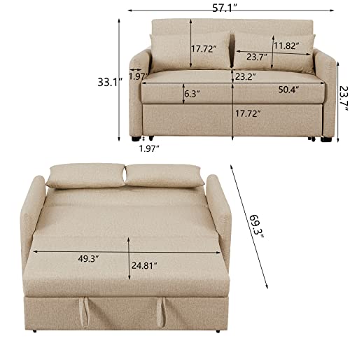 Convertible Sleeper Sofa Bed 57 Inches Velvet 2 Seats with Pull Out Bed Adjustable Backrest 2 Pillows Side Pocket Light Brown K15268