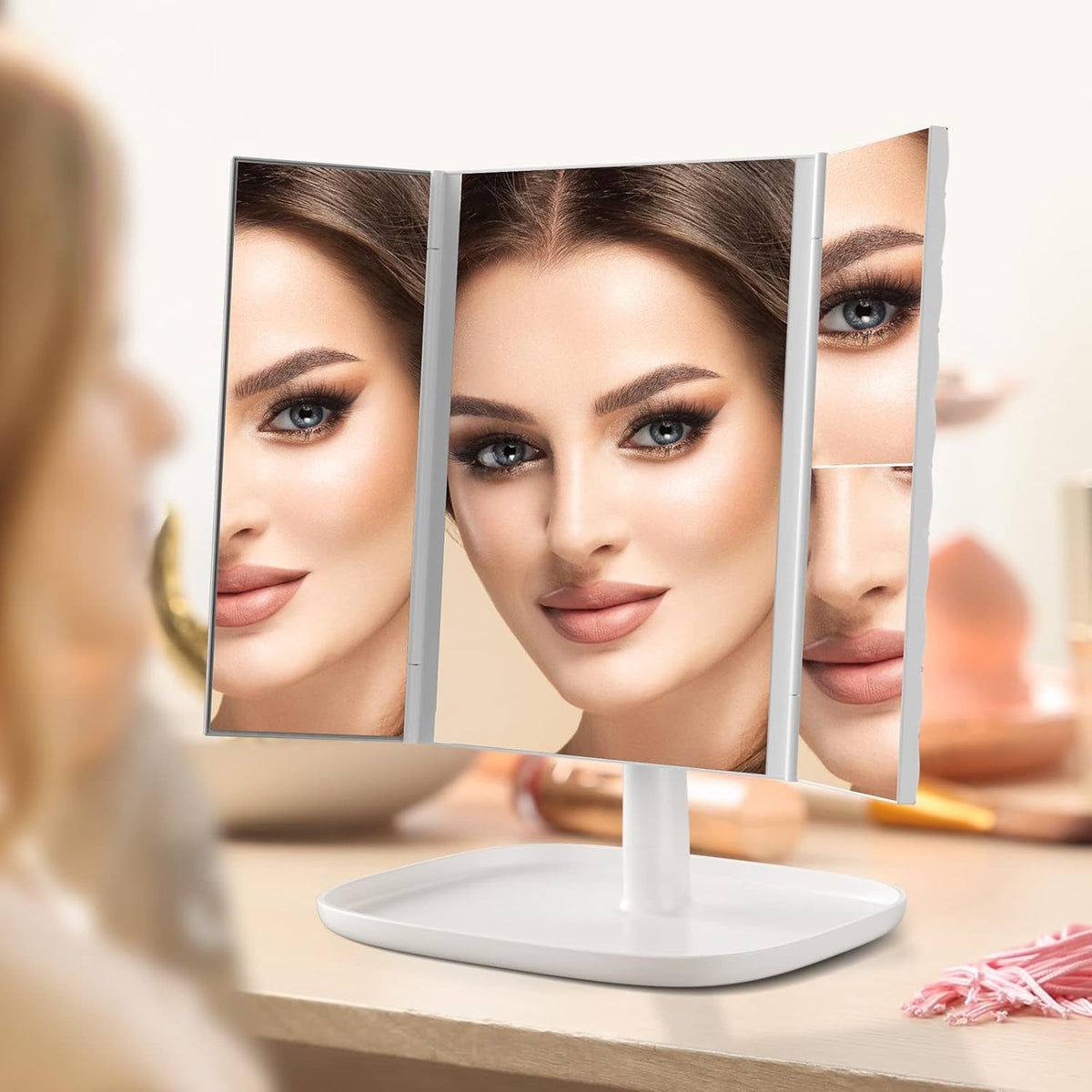 3 Color Lighting Modes 52 LED Trifold Portable Mirror with 1X 2X 3X Magnification J737