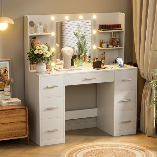 White Vanity Desk with LED Lighted Mirror and 7 Drawers P881489