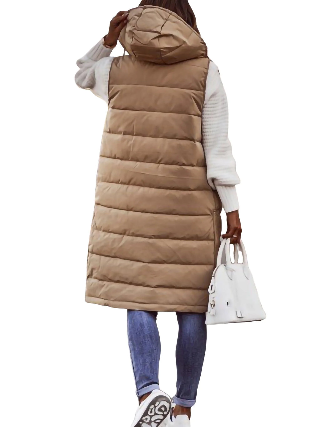 Women's Hooded Down Long Vest Padded Jacket with Pockets R443167