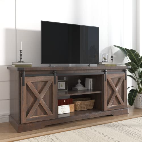 Brown Wood TV Stand with Sliding Barn Doors and Adjustable Shelves I95252
