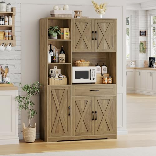 71" Tall Kitchen Pantry Storage Cabinet with Microwave Stand, Barn Doors, Large Drawer and Shelves, Ash Grey Q9326