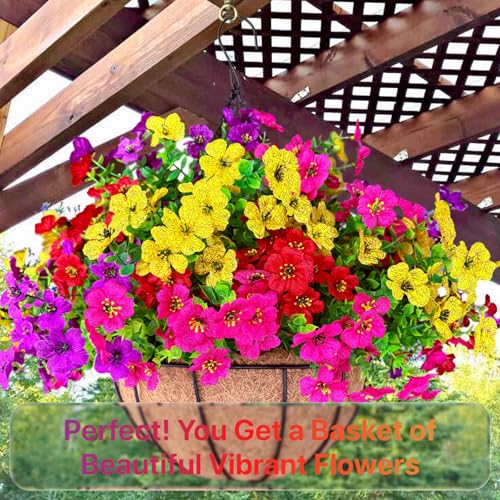 2 Sets Outdoor Artificial Flowers with 12" Hanging Basket, 24 Bunches of Faux Flowers with 2 Hanging Planters Yellow Orange A15404