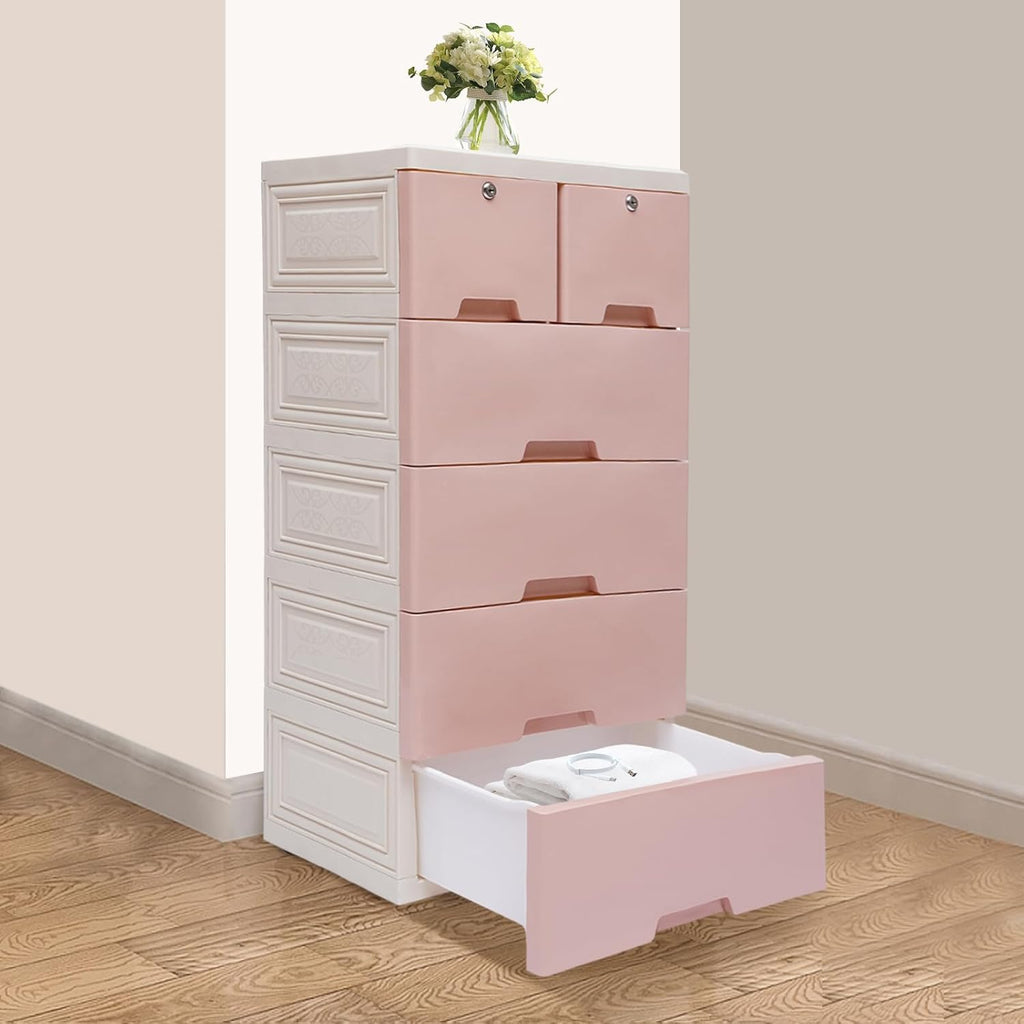 6 Drawers Pink Plastic Dresser with 4 Wheels A55257