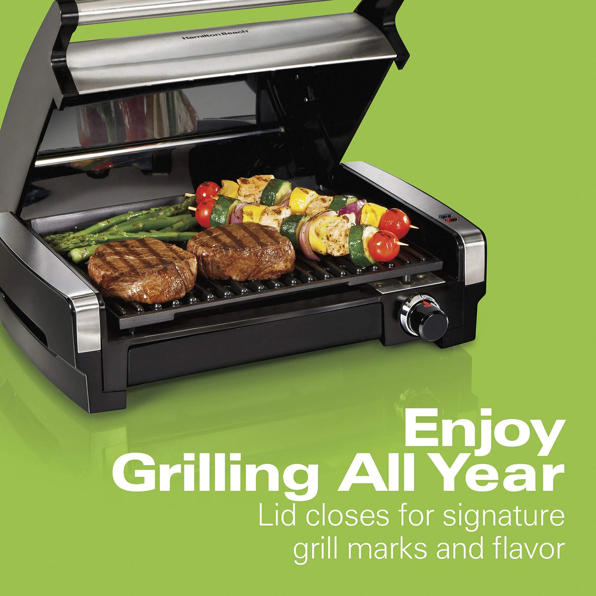 Electric Indoor Searing Grill with Adjustable Temperature Control, Removable Nonstick Grate, 118 sq. in. Surface, Stainless Steel F35669