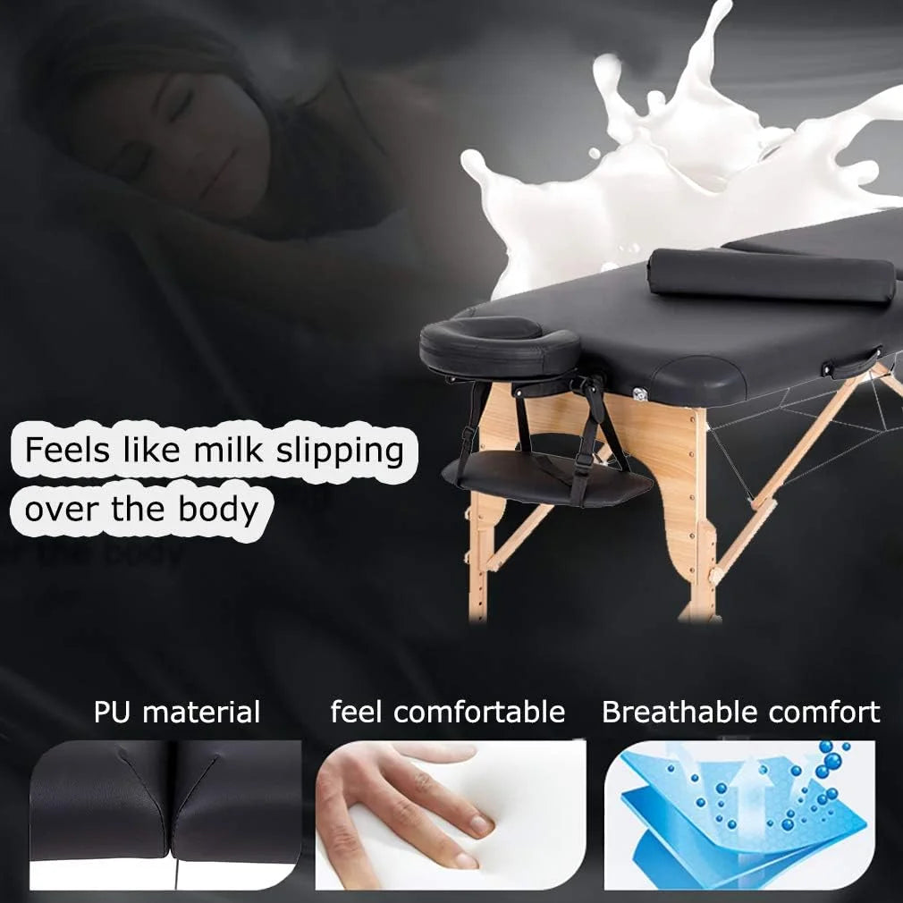 Portable Massage Table 73” L 28”W Height Adjustable with Bolsters Carry Case 2 Fold Black X641619