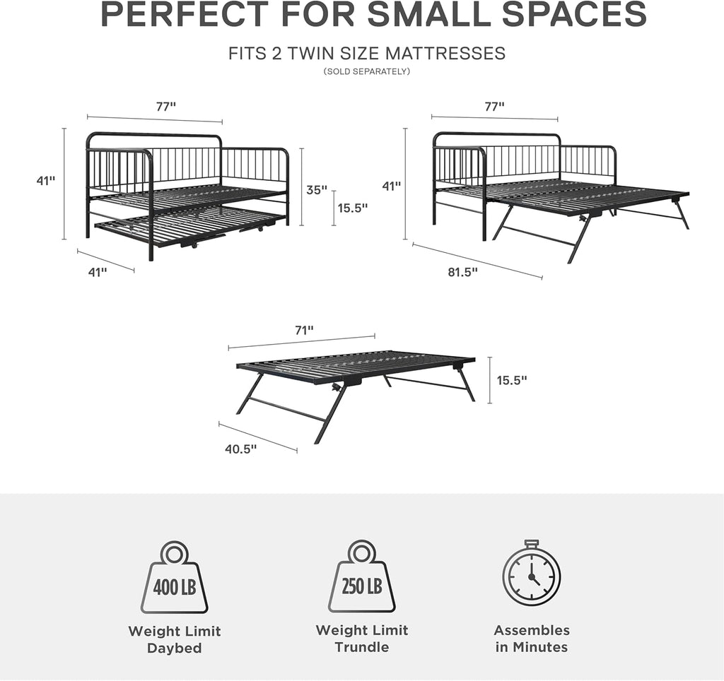 Black Metal Twin Daybed with Pop Up Trundle Bed B83178