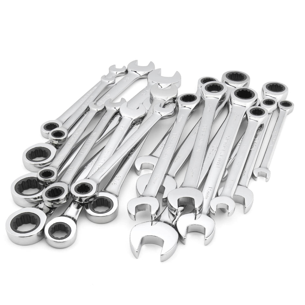 20 PC Combination Ratcheting Wrench Set Metric Standard SAE N32180