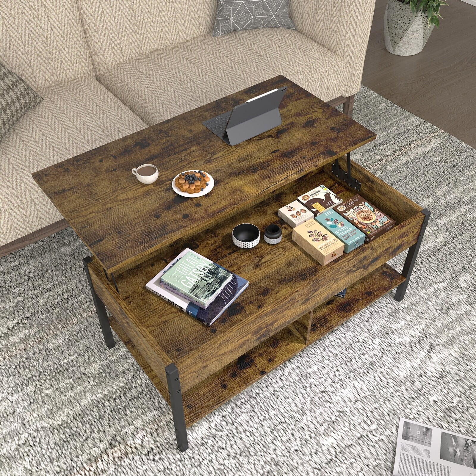 Brown Lift Top Coffee Table with Hidden Storage L40118