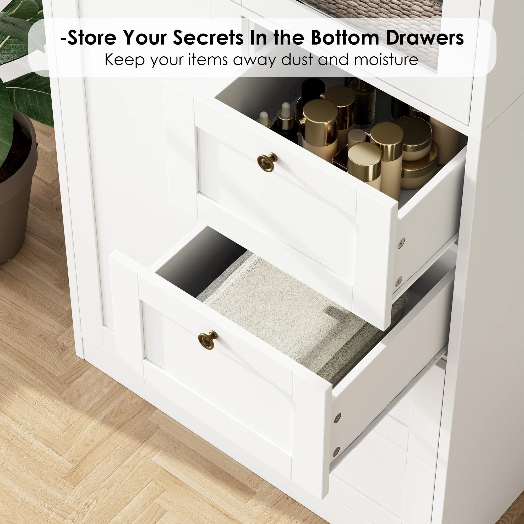 White 70.9" Bathroom Cabinet with Glass Doors and 4 Drawers G7474