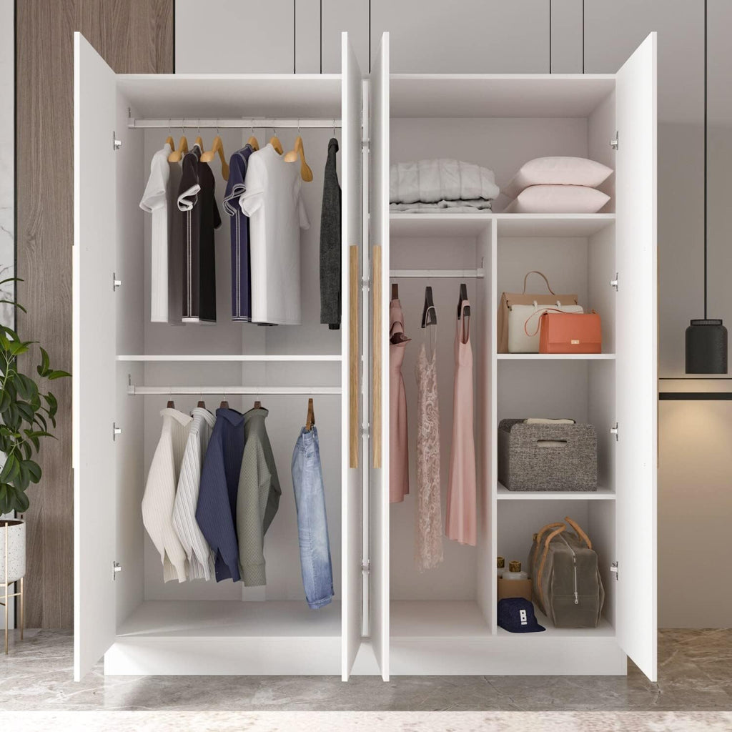 White Solid Wood Wardrobe Closet with Storage Shelves Y372