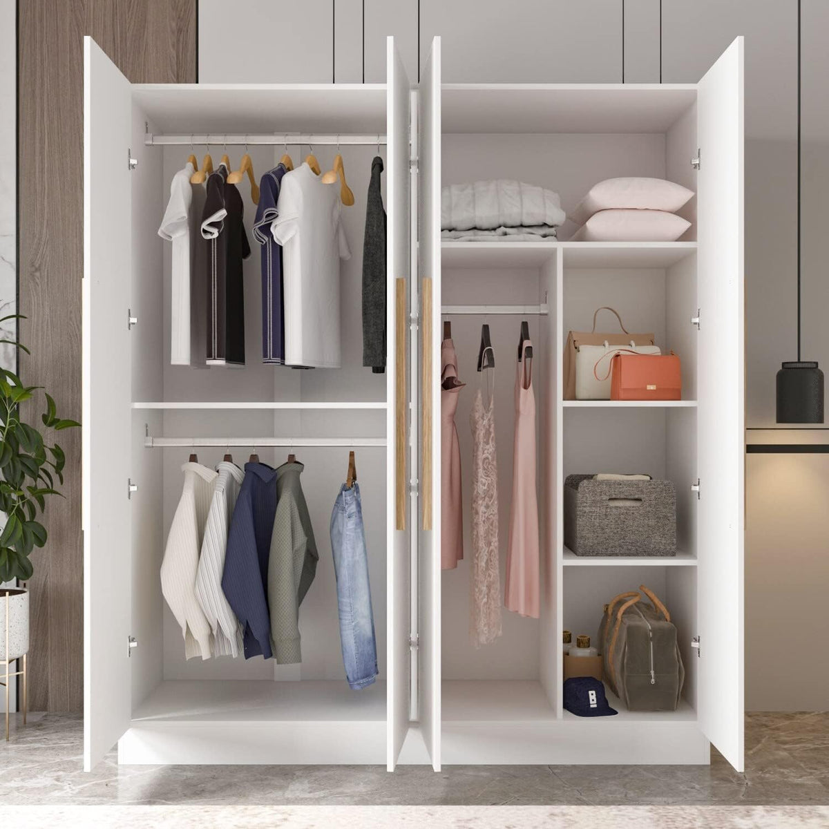 White Solid Wood Wardrobe Closet with Storage Shelves Y372