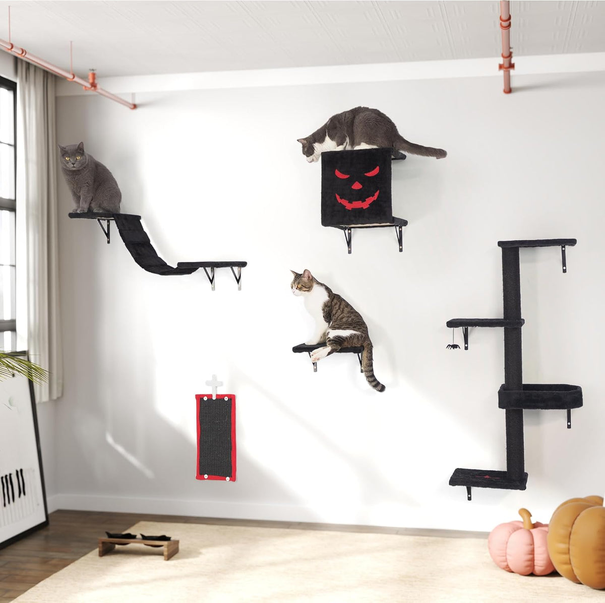 5-Piece Cat Wall Furniture Set with Shelves, Scratcher, Bridge & Perch L265848