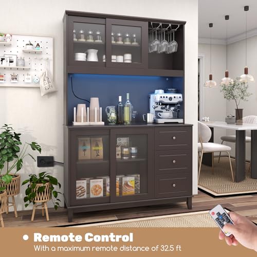 73" Kitchen Pantry Storage Cabinet with LED Lights & Power Outlet, Wine Glass Racks, Adjustable Shelves, Drawers (Espresso) C987129