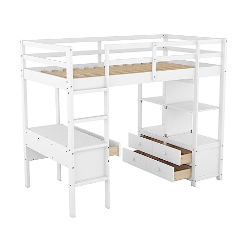 Full Size Solid Wood Loft Bed Frame with Desk and Storage H167