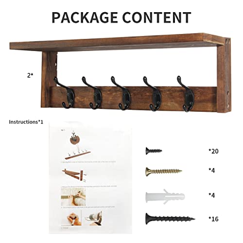 2 Pack Rustic Brown Wood Wall Mount Coat Rack with Shelf X970237