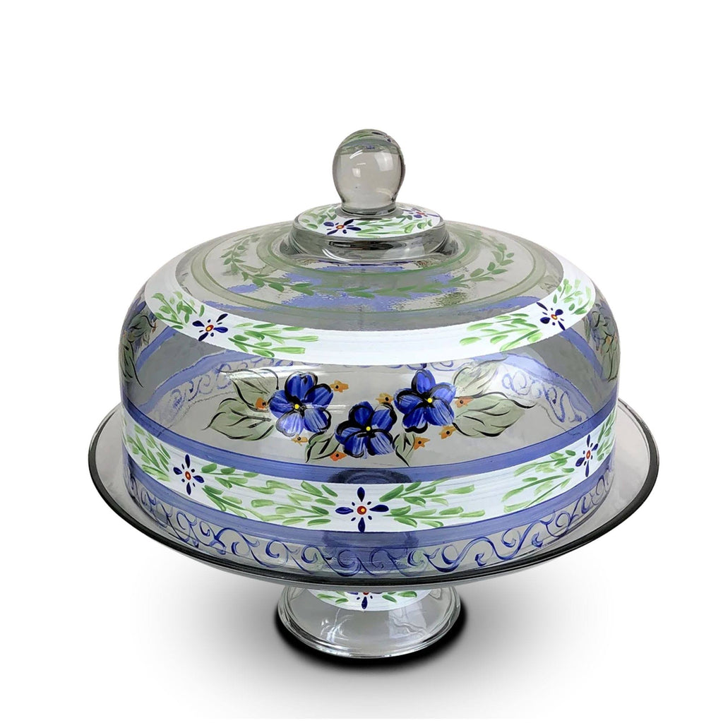 Blue Floral Hand Painted Glass Large Cake Dome U7325