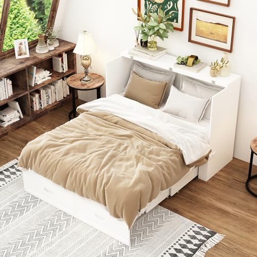 Queen Size White Murphy Bed with 1 Drawer E2995