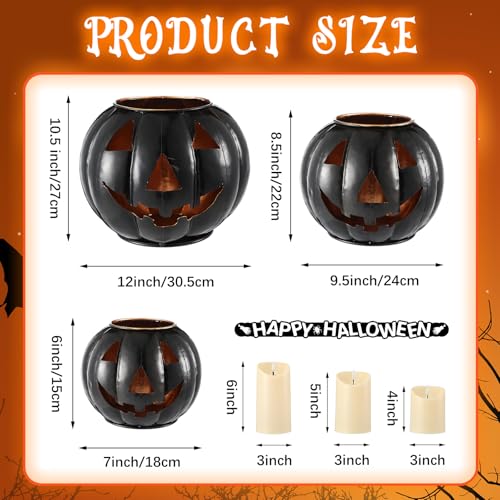 3 Sets Halloween Metal Jack O Lanterns Pumpkin with 3 LED Candles with Black Creepy Cloth Decoration Bundle S307