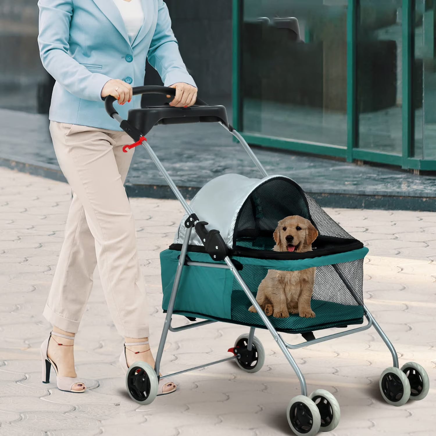 Teal Folding 4-Wheel Dog Stroller U8959