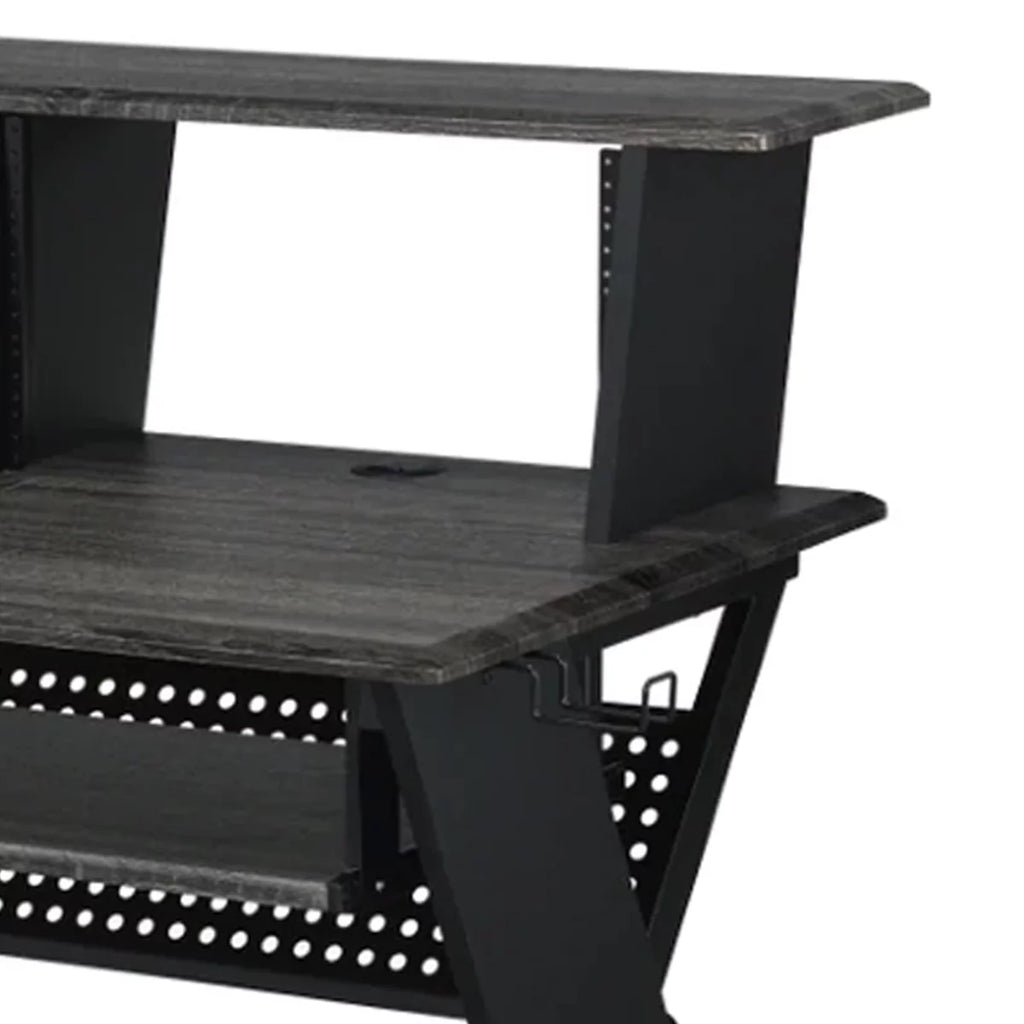 Gray Wood Music Desk Studio Station with Keyboard Tray and Shelves D340