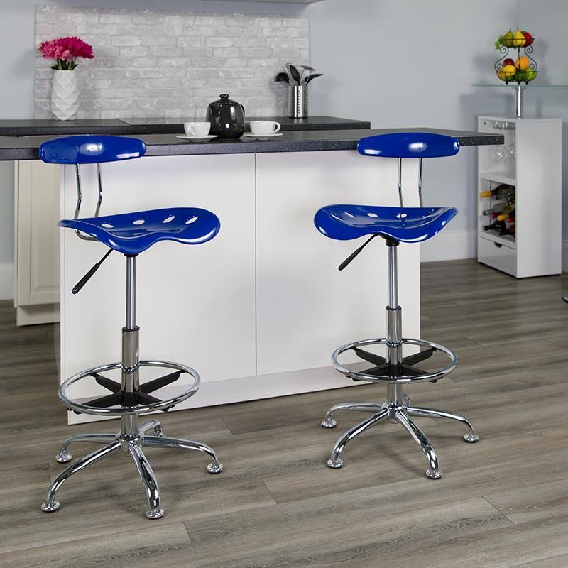 Nautical Blue and Chrome Drafting Stool with Tractor Seat U673943