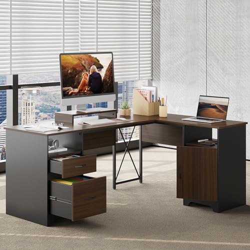 Gray L Shaped Desk with File Drawers, 63" x 47" Corner Desk with Monitor Stand Q241298